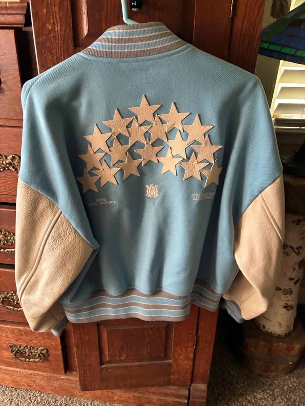 AMIRI Pastel Blue and Cream Varsity Jacket with Star Embroidery - Picture 2 of 7